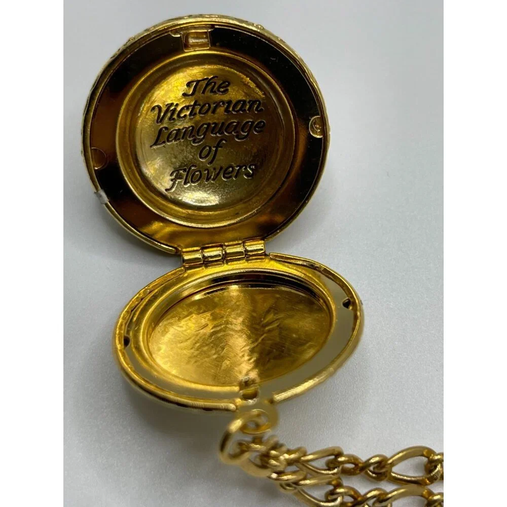 Vtg JOAN RIVERS‎ Victorian Language of Flowers Locket Charm Necklace Gold Enamel